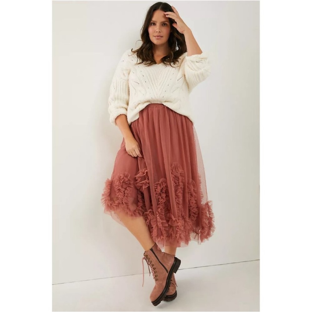 By Anthropologie Ruffled Tulle Midi Skirt Rose Pink 2X Plus